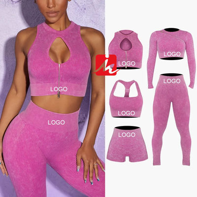 Reggiseno sportivo da donna in 5 pezzi e leggings senza cuciture a costine